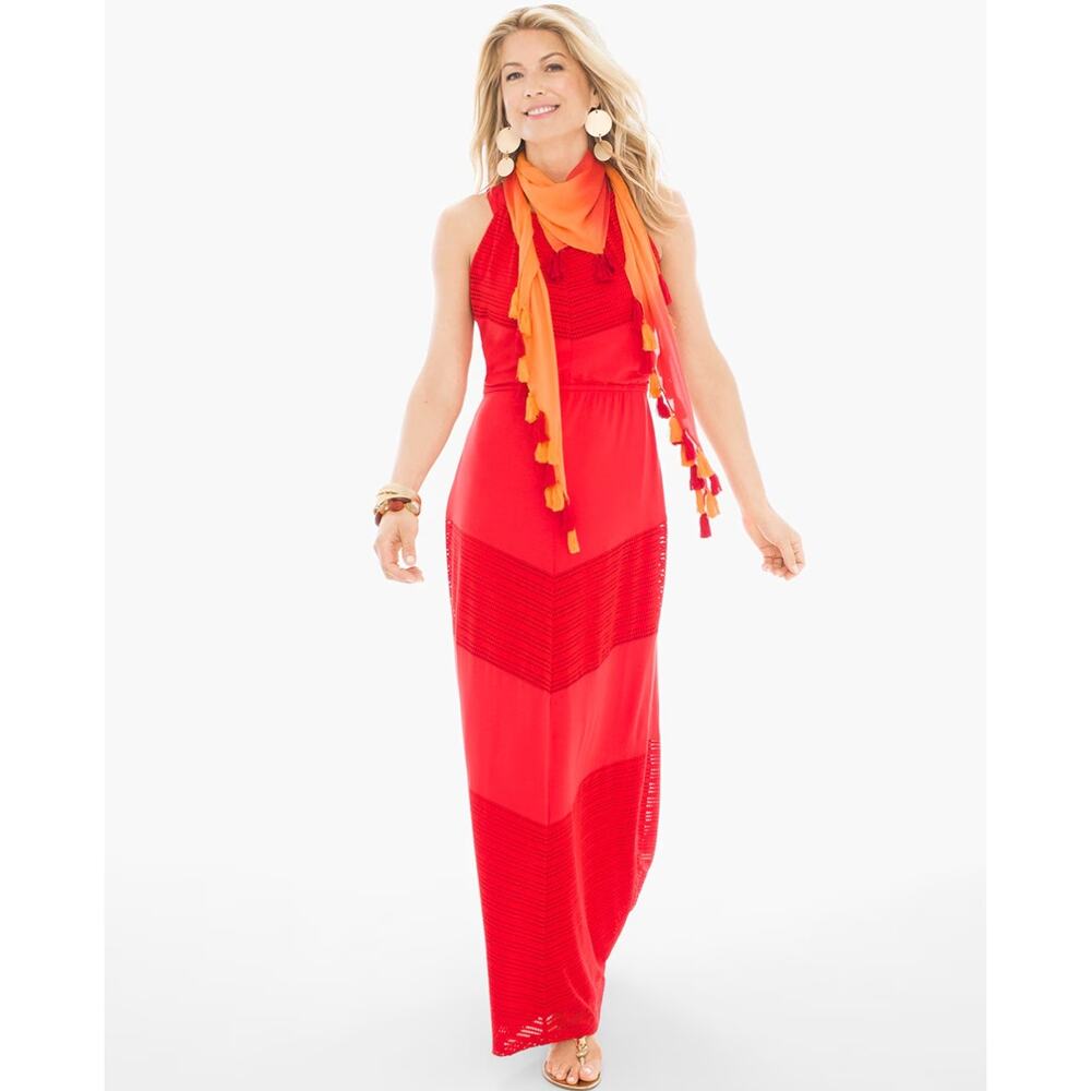 CHICO'S Red Eylet Texture Detail Halter Maxi Dress // S - Picture 15 of 15